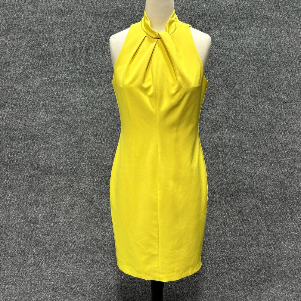 Black Halo Dress Womens 6 Yellow Zana Halter Pleated Sheath Knee Length Cocktail